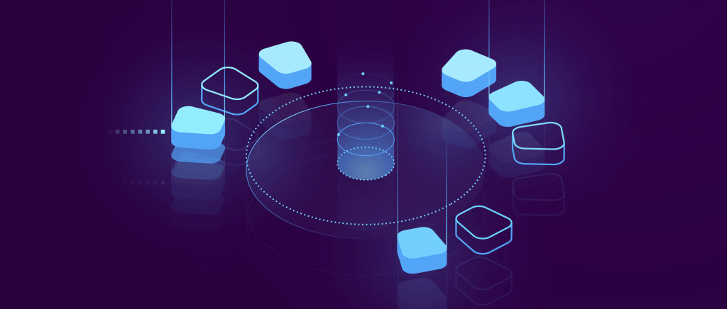 fundo roxo com vários quadrados representando dados e no centro um circulo representando um Data Warehouse
