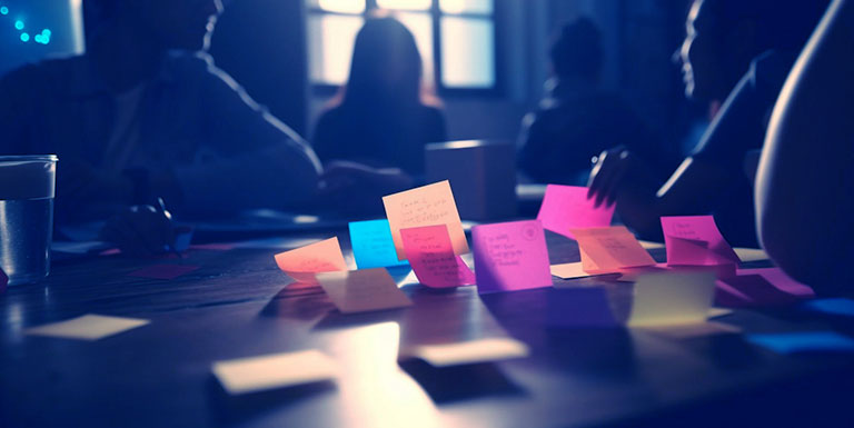 Pessoas em reunião em volta de uma mesa com muitos post-its coloridos usando a metodologia Programmers Agile Experience